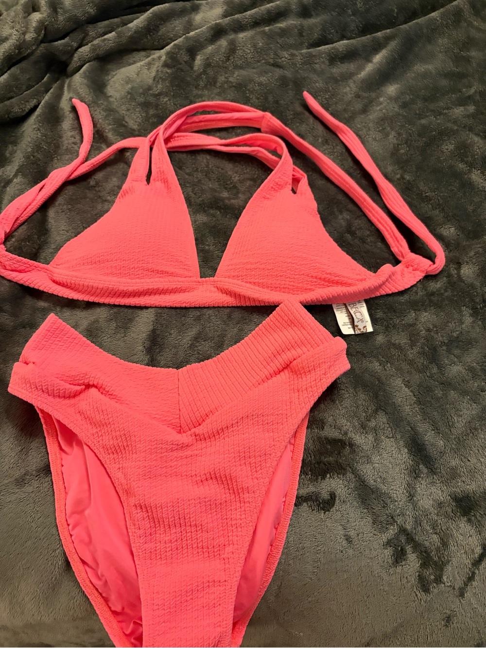 Becca Textured Coral Pink Ribbed Bikini Set medium